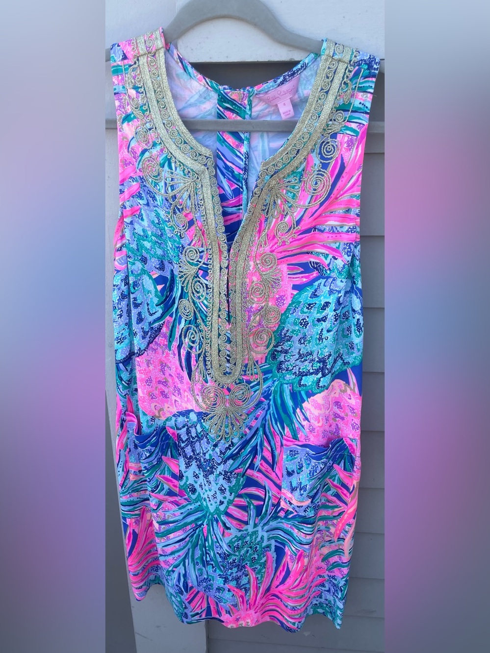 Lilly Pulitzer Pink, Teal, Blue with gold trim sleevless dress